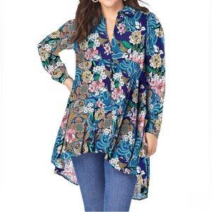 ROAMAN'S Floral Crinkle Tunic‎ Size 24W(1X) Hi-Lo Flowy Relaxed Fit Bloomcore